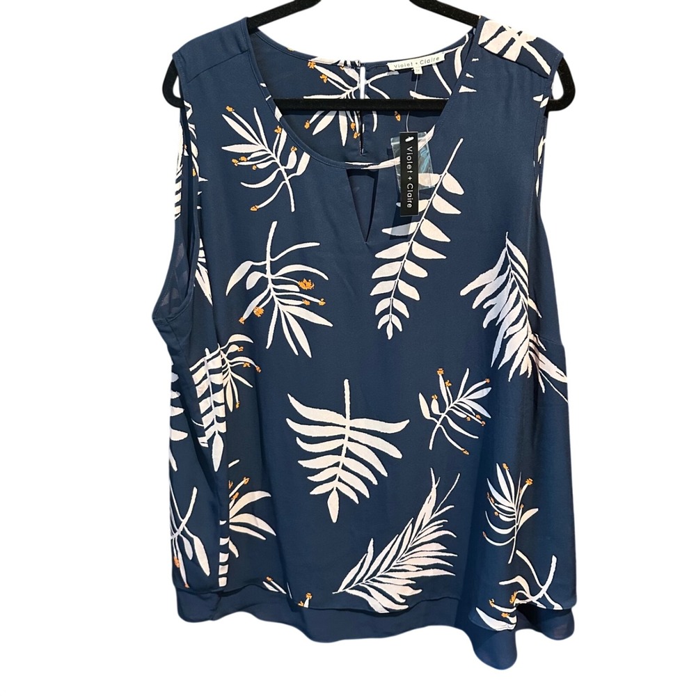 Violet + Claire Navy Blue Tropical Leaf Print V-Neck Sleeveless Blouse 3X NEW
